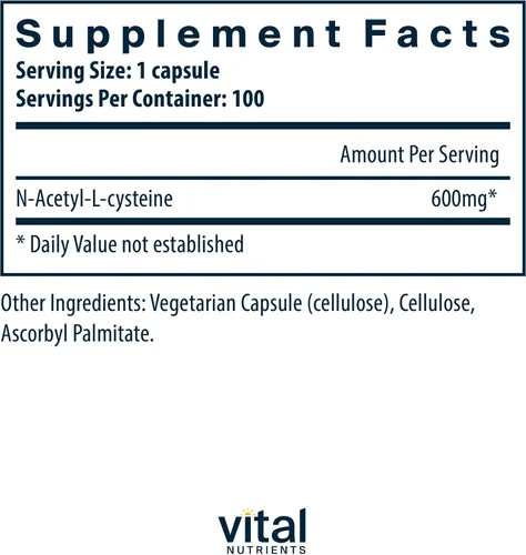 Vista 2 de Vital Nutrients NAC 600mg - N-acetil cisteína - Suplemento vegano de NAC - Antioxidante para la salud sinusal, hígado, inmune y respiratoria*