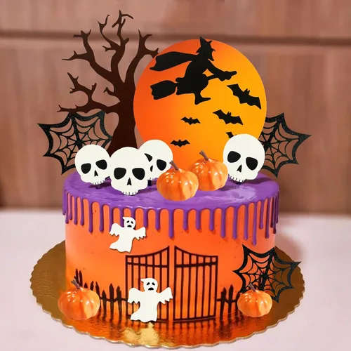Vista 3 de Decoración para tartas de Halloween, luna y fantasma, cabeza de calabaza, calavera y telaraña, decoración de pastel para Halloween de dulce o truco