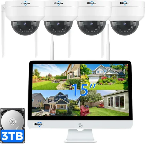 Vista 9 de Hiseeu Sistema de cámara de seguridad inalámbrico, todo en uno con monitor LCD de 15 pulgadas, NVR de 10 canales, 4 unidades de cámara PTZ de 5 MP