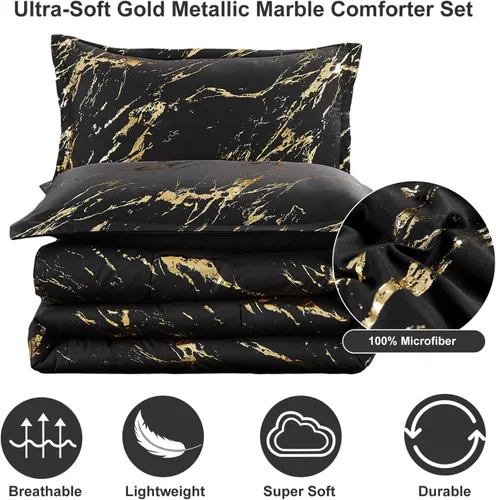 Vista 7 de WONGS BEDDING Juego de edredón de mármol metálico negro dorado Queen con estampado de lámina brillante y purpurina, juegos de ropa de cama con 2