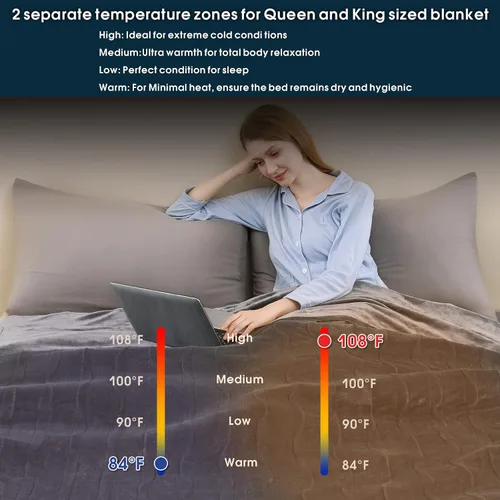 Vista 5 de Manta térmica eléctrica tamaño Queen, manta de calentamiento rápido, franela de terciopelo suave para invierno, 4 niveles de calefacción, 10 horas