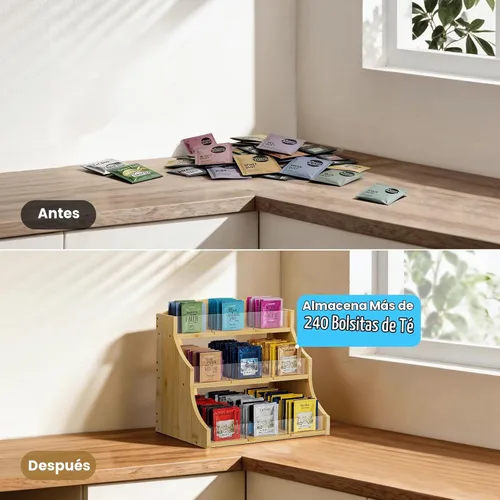 Vista 5 de Organizador de bolsas de té de bambú de 3 capas, baúles de té con divisor acrílico extraíble, soporte para té para encimera, oficina, cocina, madera