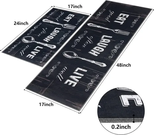 Vista 2 de Carvapet Juego de 2 alfombras de cocina con respaldo antideslizante, tapete para cocina, corredor de entrada, diseño de lema, negruzco/gris oscuro