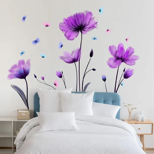 Vista 3 de Pegatina de pared de flores, diseño floral morado, calcomanías de pared de mariposa extraíbles, autoadhesivas, mural para guardería, dormitorio Flor
