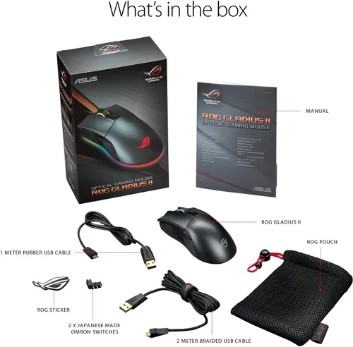 Vista 6 de ASUS Mouse óptico para juegos - P502 ROG Gladius II Agarre ergonómico a la derecha Mouse de juegos de PC para juegos FPS Sensor óptico de 12000
