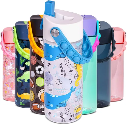 Vista 30 de Elemental Botellas de agua para niños – Botella de agua para niños Splash para la escuela con mango Pop-it – Botella de agua de plástico Tritan sin