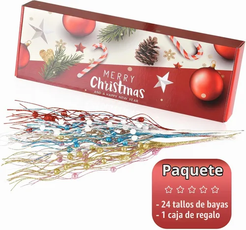 Vista 2 de Losris Decoración de tallos de bayas artificiales con purpurina para Navidad, palitos decorativos de cuentas, picks de Navidad, ramitas y ramas
