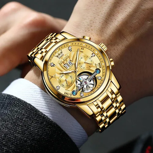 Vista 2 de OLEVS - Reloj automático para hombre con diseño de esqueleto de 5 manecillas clásico de lujo multicalendario de acero inoxidable impermeable