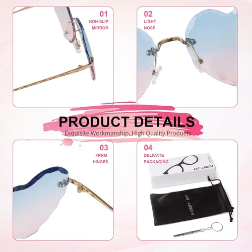 Vista 3 de Gafas de sol sin montura con forma de corazón para mujer, gafas de sol grandes y modernas con marco de metal
