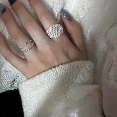 Vista 5 de EXPHAIN Anillo ajustable para mujer, de múltiples capas, único, envolvente, minimalista, a la moda, anillos de plata, joyería, Metal no precioso.
