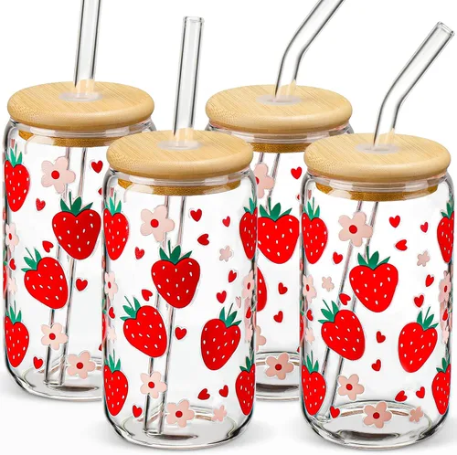Vista 7 de DWTS DANWEITESI Vasos de vidrio con tapas y pajitas, 4 piezas, juego de vasos de 16 onzas para accesorios de barra de café, tazas de café helado