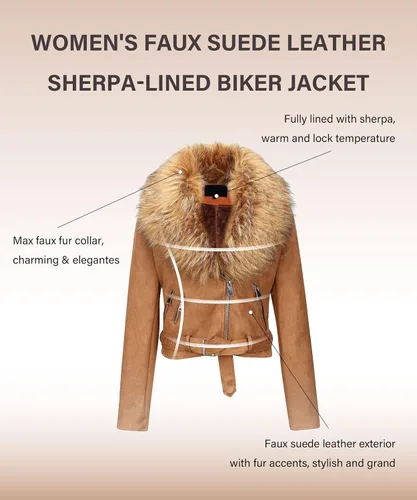 Vista 3 de Bellivera - Chaqueta de piel sintética para mujer, con forro de sherpa y cuello de piel desmontable