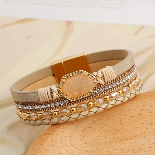 Vista 3 de Jewbelet - Pulsera de cuero estilo bohemio con cuentas de cristal con cierre de joyería para mujer