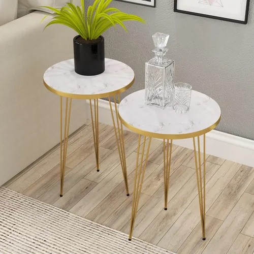 Vista 13 de Juego de 2 mesas auxiliares redondas de madera para sofá para espacios pequeños, mesita de noche con patas de metal para dormitorio, sala de estar