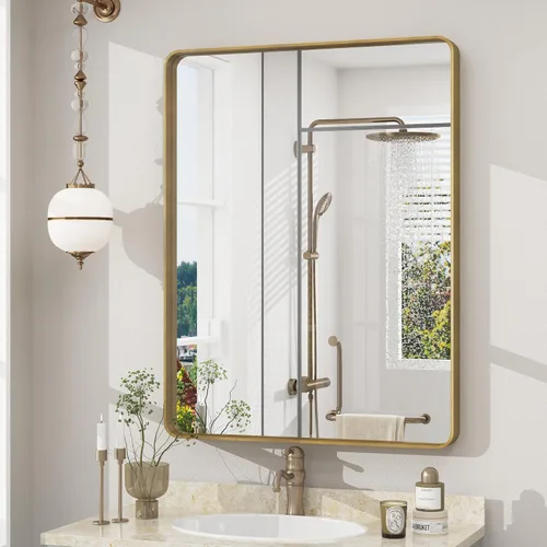 Vista 144 de Paquete de 2 espejos de baño con marco de metal negro de 22 x 30 pulgadas, espejo rectangular redondeado negro mate, antioxidante, se cuelga