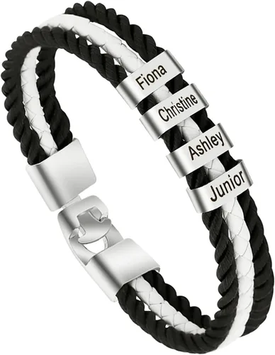 Vista 15 de Pulseras de cuero personalizadas para hombre con 1-6 nombres, pulsera trenzada personalizada con cuentas para papá, marido, día del padre, San