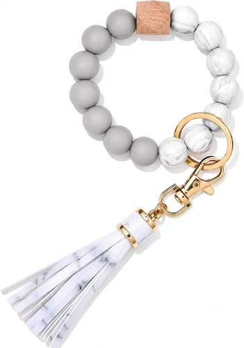 Vista 28 de BAOSIWA Pulsera de cuentas de silicona, llavero de pulsera, cadena para mujer, con borla de cuero Negro