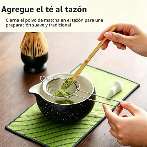 Vista 6 de Juego de batidor de matcha, kit de 7 piezas, juego de ceremonia de té matcha, chawan de cerámica negra con boquilla de vertido, bambú Chasen