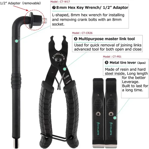 Vista 5 de Kit de 23 piezas de herramientas para bicicleta - Juego de herramientas de reparación de bicicletas compatible - Juego de herramientas