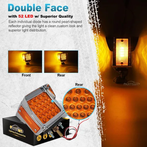 Vista 3 de Partsam 2 luces de estacionamiento de doble cara para remolque, pedestal con viseras cromadas, ámbar/ámbar de doble cara cuadrada, 52 luces LED