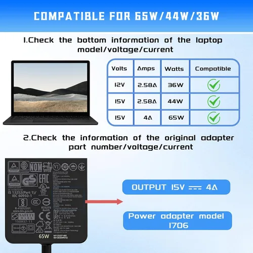 Vista 2 de Cargador Surface Pro de 65 W, cargador de computadora portátil compatible con Microsoft Surface Pro11 10 9 8 7+ 7 6 5 4 X, compatible con portátiles
