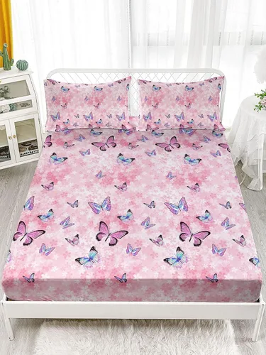 Vista 2 de Juego de sábanas de 4 piezas ajustadas y planas para niñas, estampado de mariposas y flores rosas con 1 + 2 fundas de almohada para cama individual