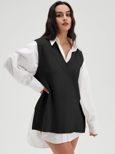 Vista 4 de DEEP SELF Suéter de cuello en V, sin mangas, de gran tamaño, suéter de punto de otoño para mujer