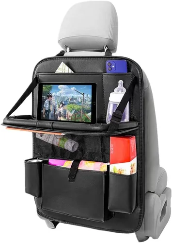 Vista 4 de Organizador de cuero para asiento trasero de automóvil con soporte para tableta, 9 bolsillos de almacenamiento grandes, bandeja plegable