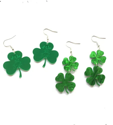 Vista 4 de Caiyao Aretes para el día de San Patricio para mujer, aretes acrílicos de trébol irlandés, hoja verde, trébol de la suerte, aretes de gota