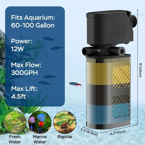 Vista 7 de Filtro de acuario para tanques de 60 a 100 galones, filtro interno grande para peces, potentes bombas sumergibles, filtro de peces, filtro de tanque