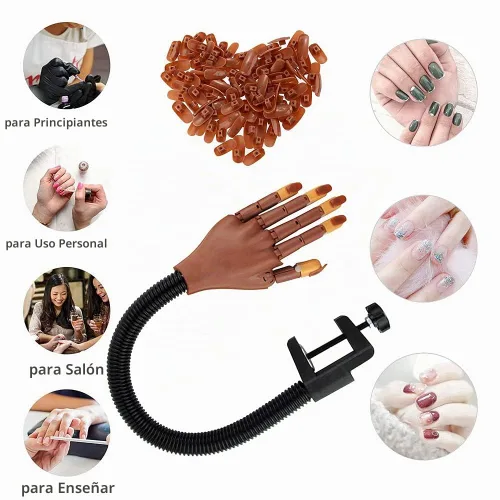 Vista 7 de Mano de práctica para uñas acrílicas, mano profesional de práctica de uñas para entrenamiento, mano de maniquí falsa ajustable con 100 puntas