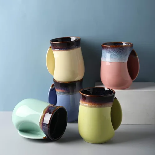 Vista 13 de Selamica - Taza de porcelana de 18 onzas con calentador de manos para diestros, taza de café, taza de té para familiares y pareja - Azul
