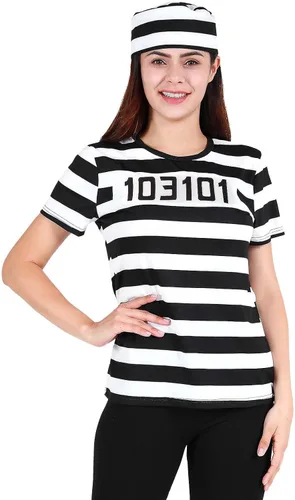 Vista 5 de Funny World Disfraz de prisionero para mujer, camisetas a rayas con sombrero