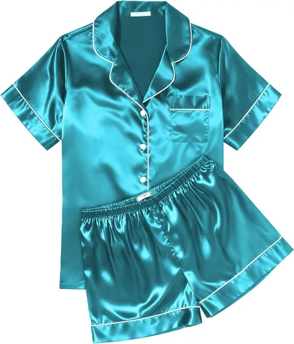 Vista 32 de Ekouaer Conjunto de pijama de satén de seda para mujer, suave, de manga corta, con botones, ropa para dormir, camiseta y pantalones cortos, juego