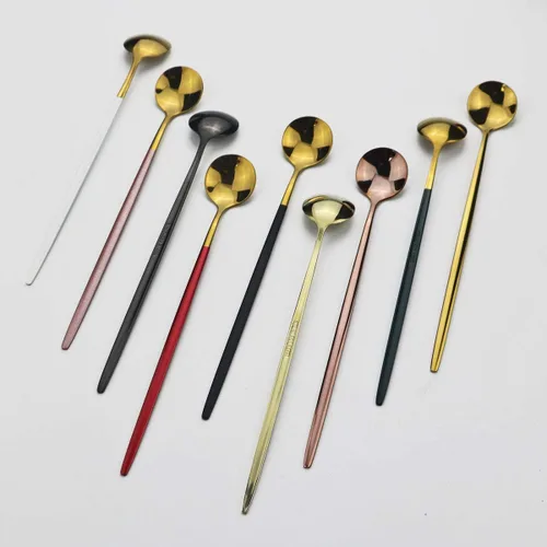 Vista 3 de Cubertería de acero inoxidable 304 de cobre de mango largo Cucharas de té de helado Cucharas de mezcla Vajilla Vajilla Servicio de cocina Juego