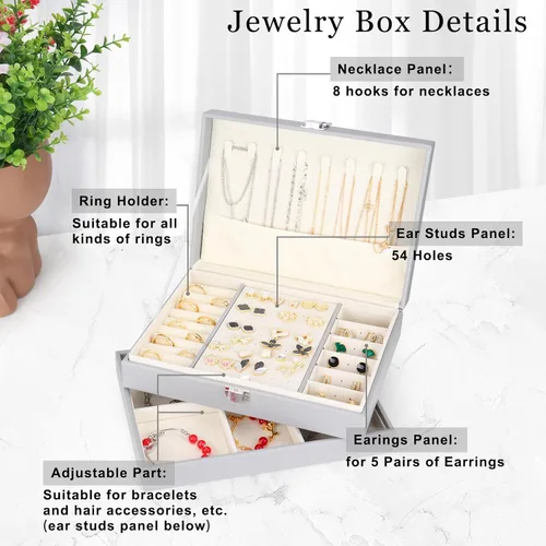 Vista 4 de LOMEVE Joyero con bandeja extraíble, organizador de joyería de piel sintética para mujeres y niñas, 2 capas organizador de joyas para collares
