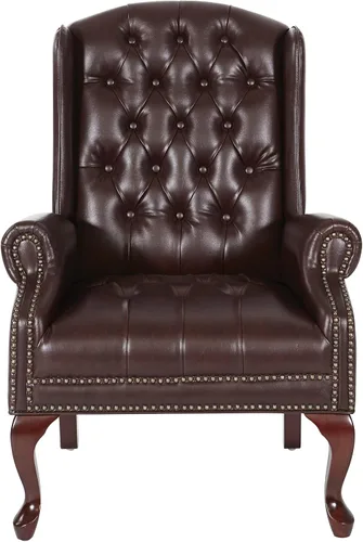 Vista 3 de Sillón clásico de oficina con brazos sólidos, respaldo alto, Metal Madera, Marrón
