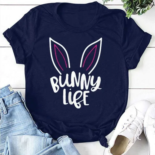 Vista 4 de Blusa de manga corta para mujer, cuello redondo, temperamento, para verano, ajustada, con estampado de Pascua