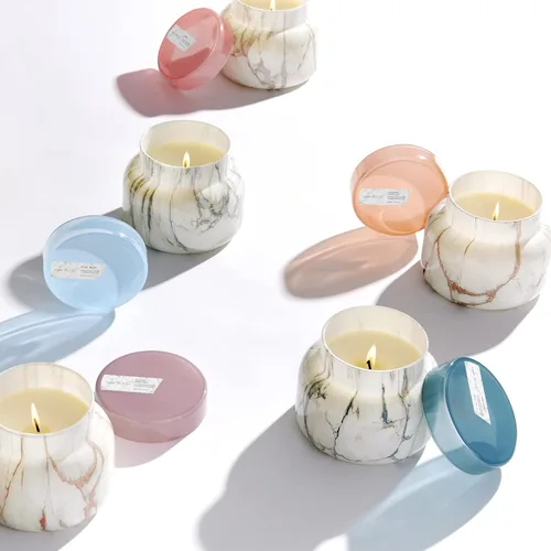 Vista 5 de Velas Capri Blue de Frasco de Mármol Moderno - Velas de Lujo para Aromatizar el Hogar - Mezcla de Cera de Soja de Larga Duración