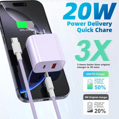 Vista 3 de Para iPhone 17 16 15 Cargador de carga rápida, paquete de 4 unidades de doble puerto de 20 W USB C Charger Block with 6FT USB-C to C Cable Type C