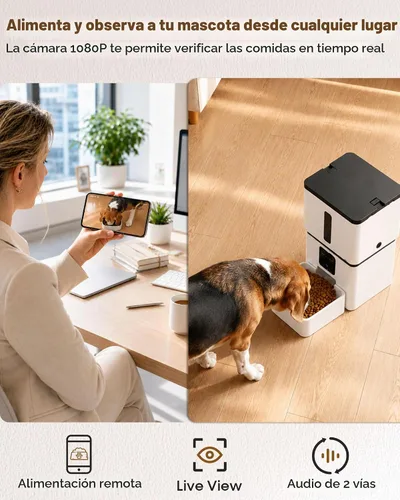 Vista 3 de Comedero automático para perros con cámara WiFi: 33 tazas, control de aplicación 5G, configuración fácil, dispensador de comida para gatos