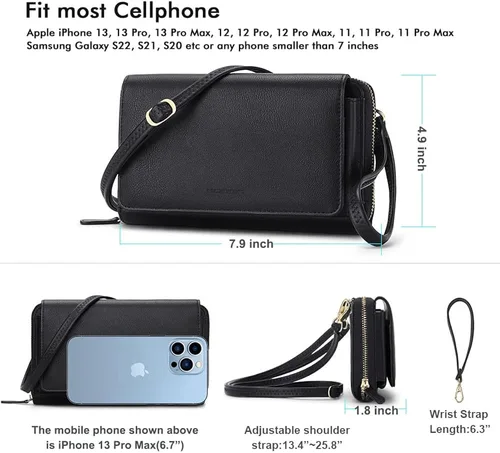 Vista 6 de RONSIN Cartera cruzada para mujer, tarjetero RFID, 2 correas