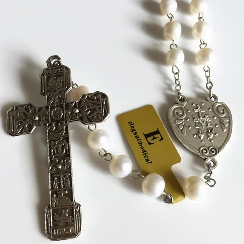 Vista 5 de elegantmedical Stations of the Cross - Rosario de oración con perlas blancas reales, caja de regalo católica, Perla