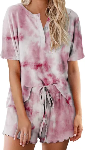 Vista 12 de Ekouaer Conjunto de pijamas teñidos con técnica tie dye para mujer, ropa de dormir, 2 piezas, conjuntos de pijamas, ropa de relajación A-tie Dye