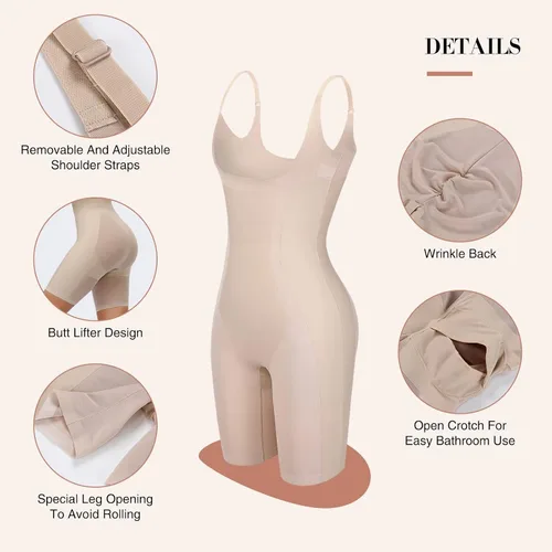 Vista 4 de Fajas colombianas con control de abdomen para mujer, sin costuras, busto abierto, medio muslo, moldeador de cuerpo, pantalones cortos, W-beige