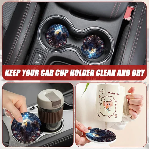 Vista 7 de Portavasos para automóvil, diseño de águila y bandera estadounidense, posavasos de cerámica absorbente para portavasos de automóvil, accesorios
