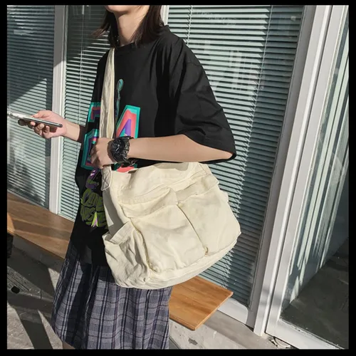 Vista 7 de Bolso mensajero de lona grande, bolso cruzado tipo hobo para mujeres y hombres, bolsa de hombro con múltiples bolsillos, bolsa de mensajero de lona