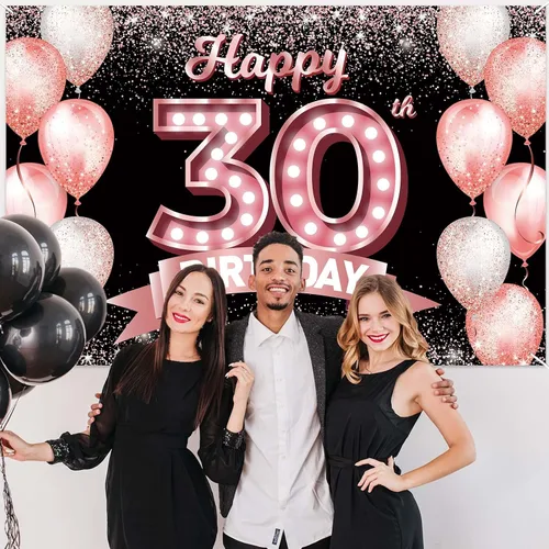 Vista 257 de Cartel de feliz cumpleaños décimo oro rosa, telón de fondo, saludos a 10 años, globos de confeti, decoración temática para niñas de 10 años
