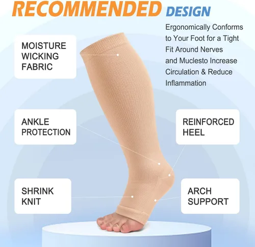 Vista 5 de Paquete de 3 calcetines de compresión de cobre para mujeres y hombres, 20-30 mmHg con punta abierta hasta la rodilla, medias altas para soporte