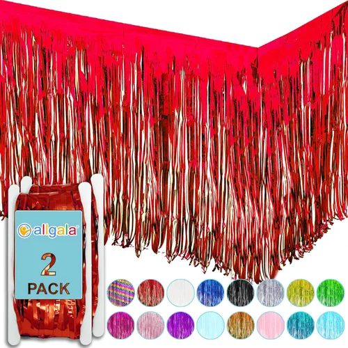 Vista 8 de allgala Faldones de mesa de oropel negro, paquete de 2 faldas de mesa de 29 x 108 pulgadas con flecos metálicos para fiestas, eventos, desfiles